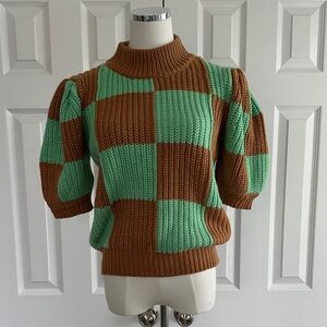 English Factory Checkerboard Puff Sleeve Sweater Knit Top Brown Green Size M